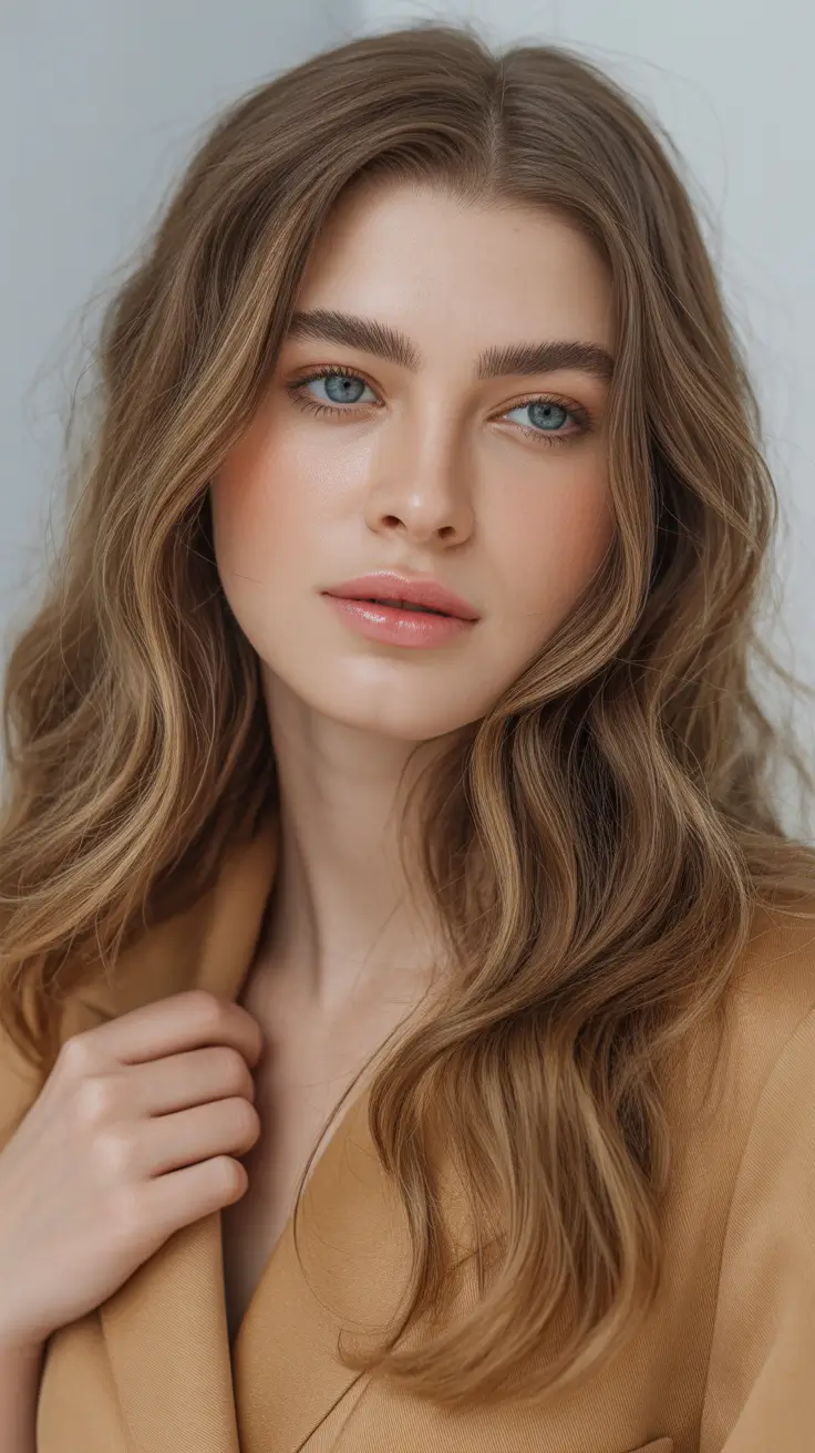 spring brown hair color 2026 Soft Golden-Brown Waves for Natural Spring Radiance