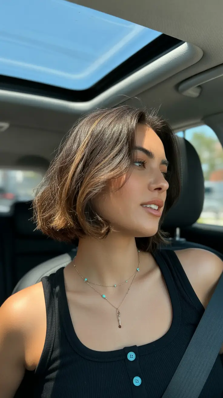 spring brown hair color 2026 Textured Mini-Bob with Sunlit Spring Warmth