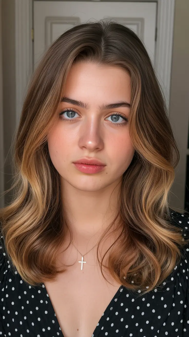 spring brown hair color 2026 Golden Brunette Waves for Fresh Spring Radiance