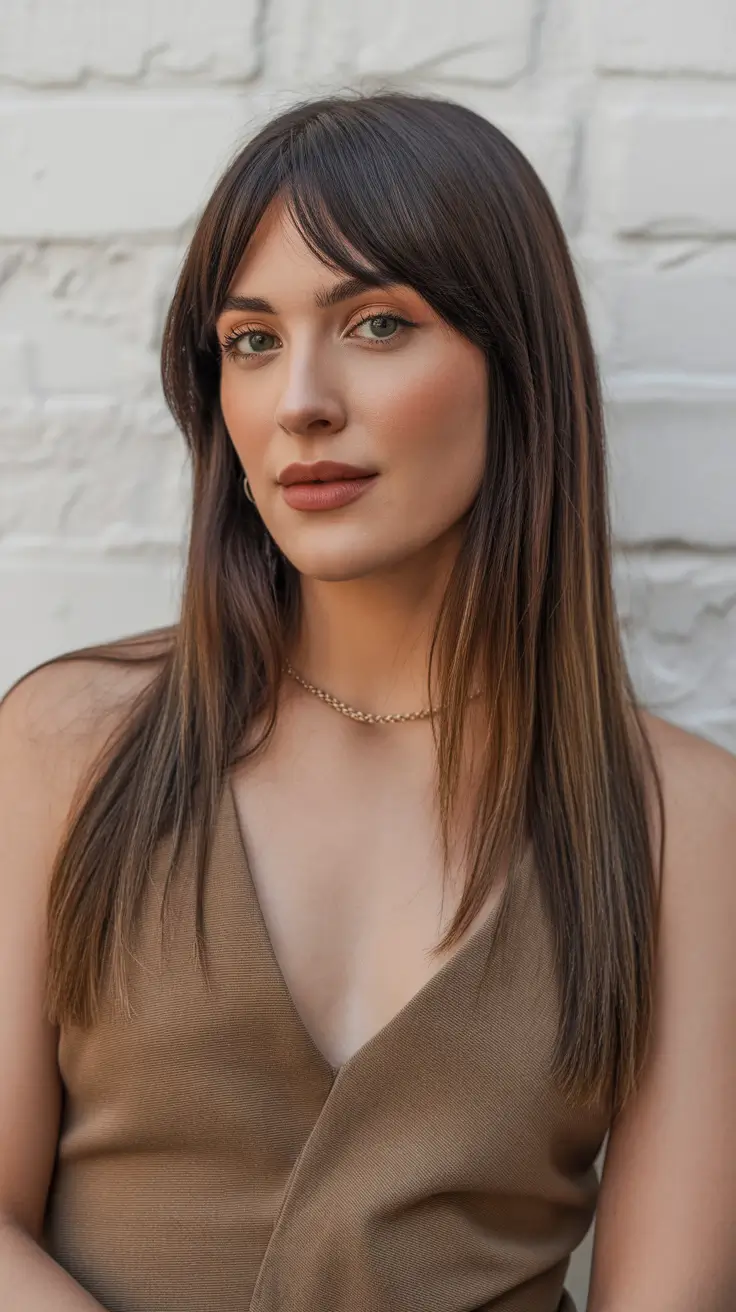 spring brown hair color 2026 Silky Brunette Layers with Soft Spring Fringe