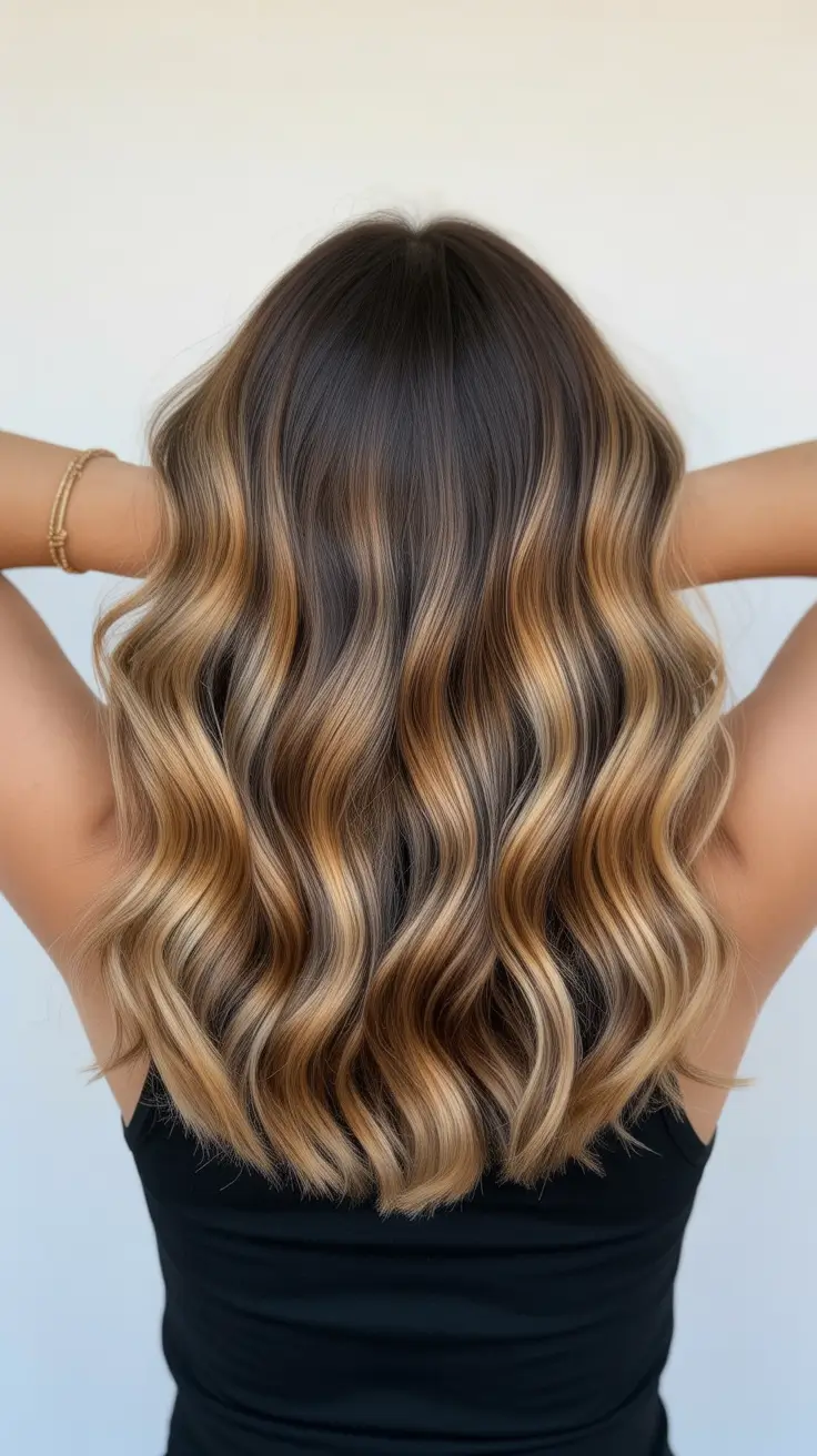 spring brown hair color 2026 Golden-Brown Ribbon Waves with Bright Spring Flow