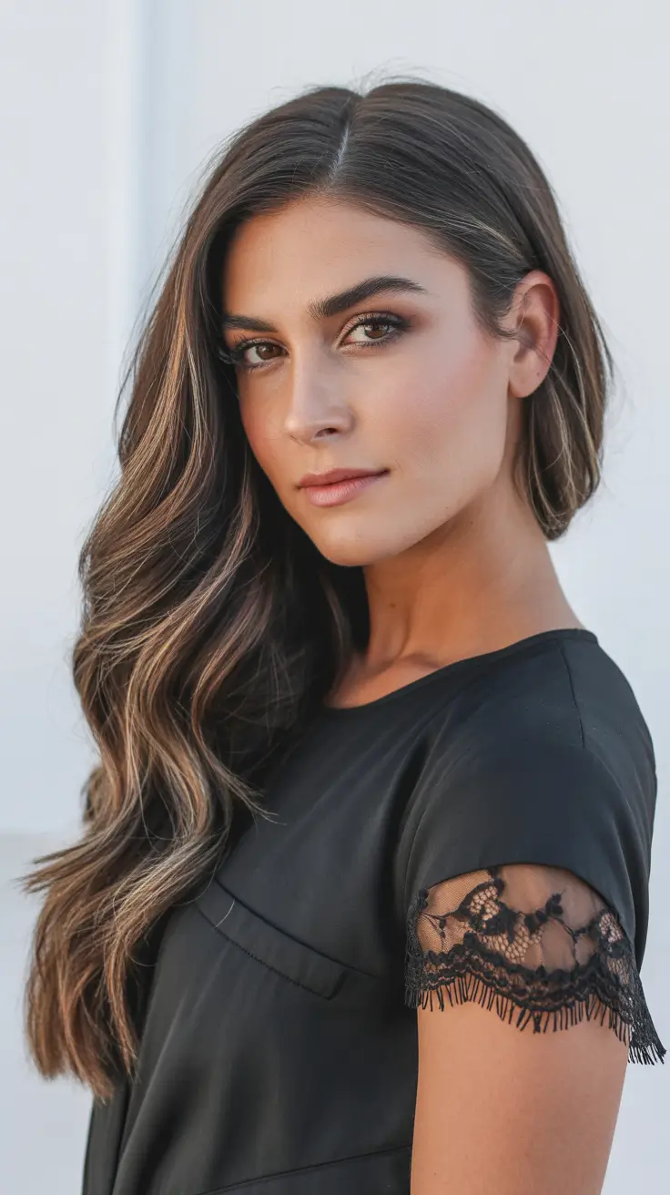 spring brown hair color 2026 Rich Espresso Waves with Soft Spring Lightening