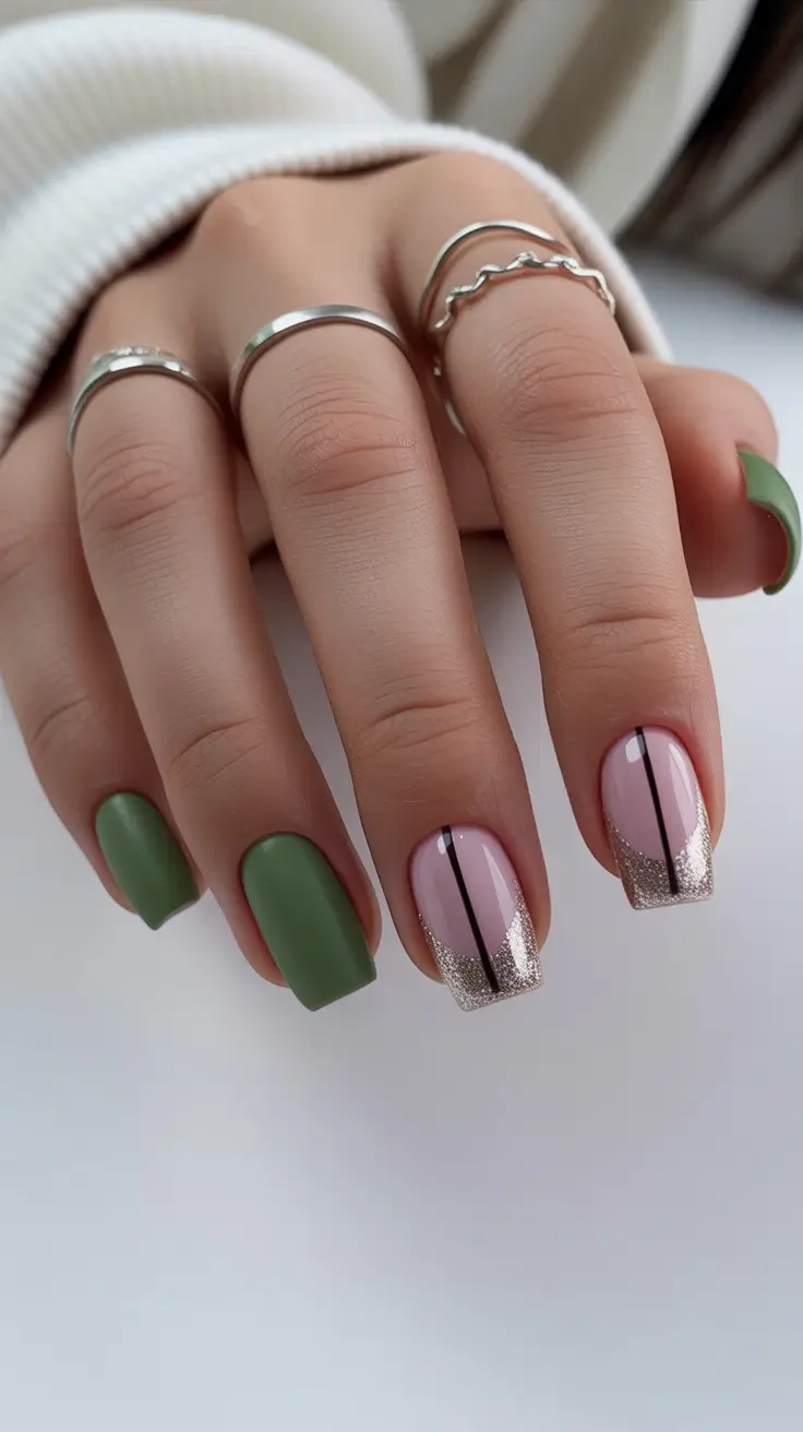 top spring nail colors 2026 Olive Matte and Glitter French Mix