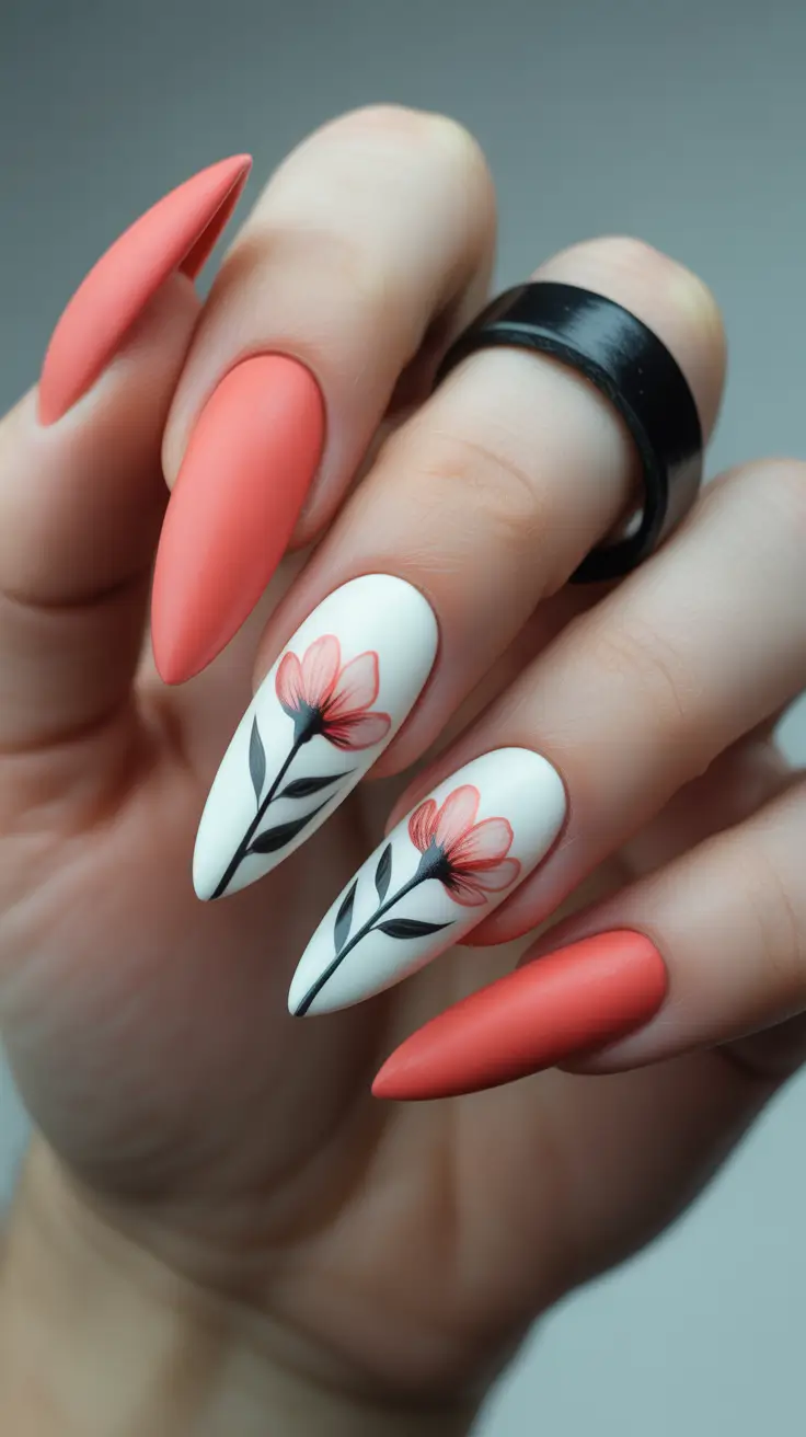 top spring nail colors 2026 Coral Bloom Contrast Florals