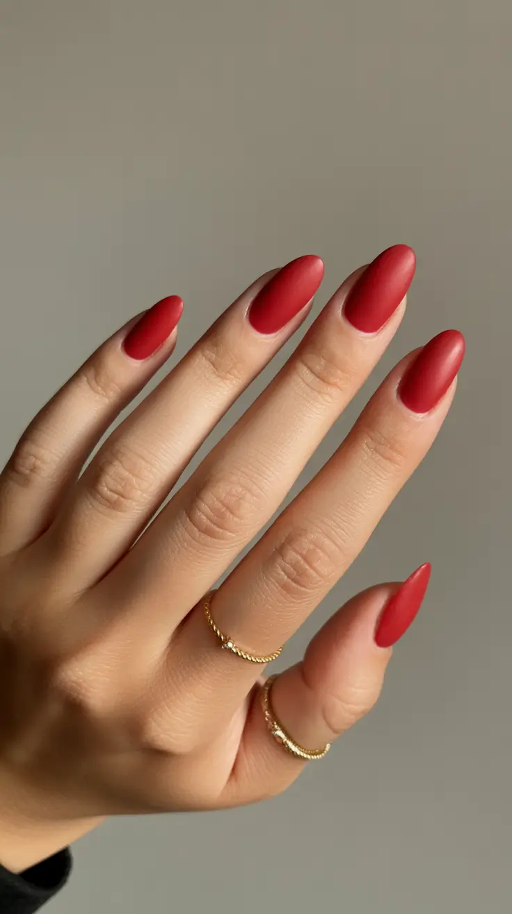 top spring nail colors 2026 Classic Cherry Red Matte Almond