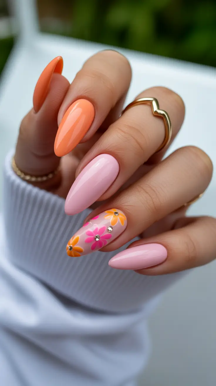 top spring nail colors 2026 Glossy Peach and Pink Daisy Mix