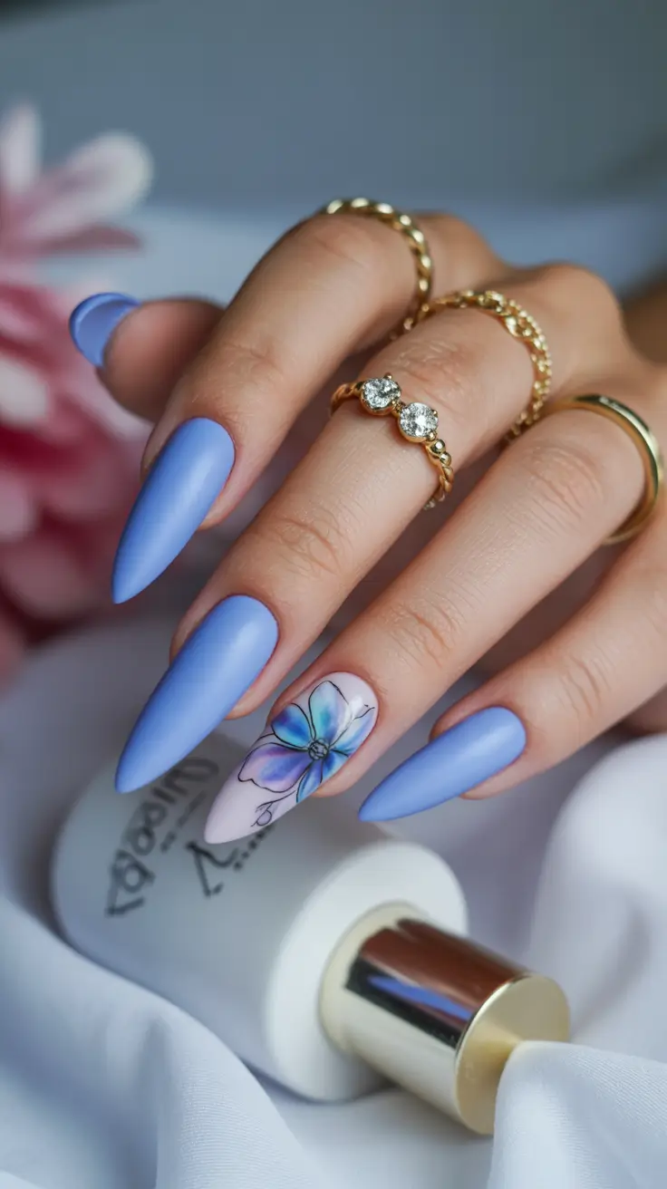 top spring nail colors 2026 Powder Blue Floral Statement