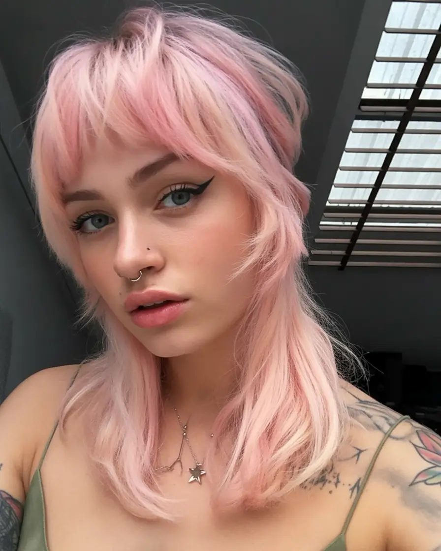 spring hair color trends 2026 Soft Blush Shag With Pastel Edges