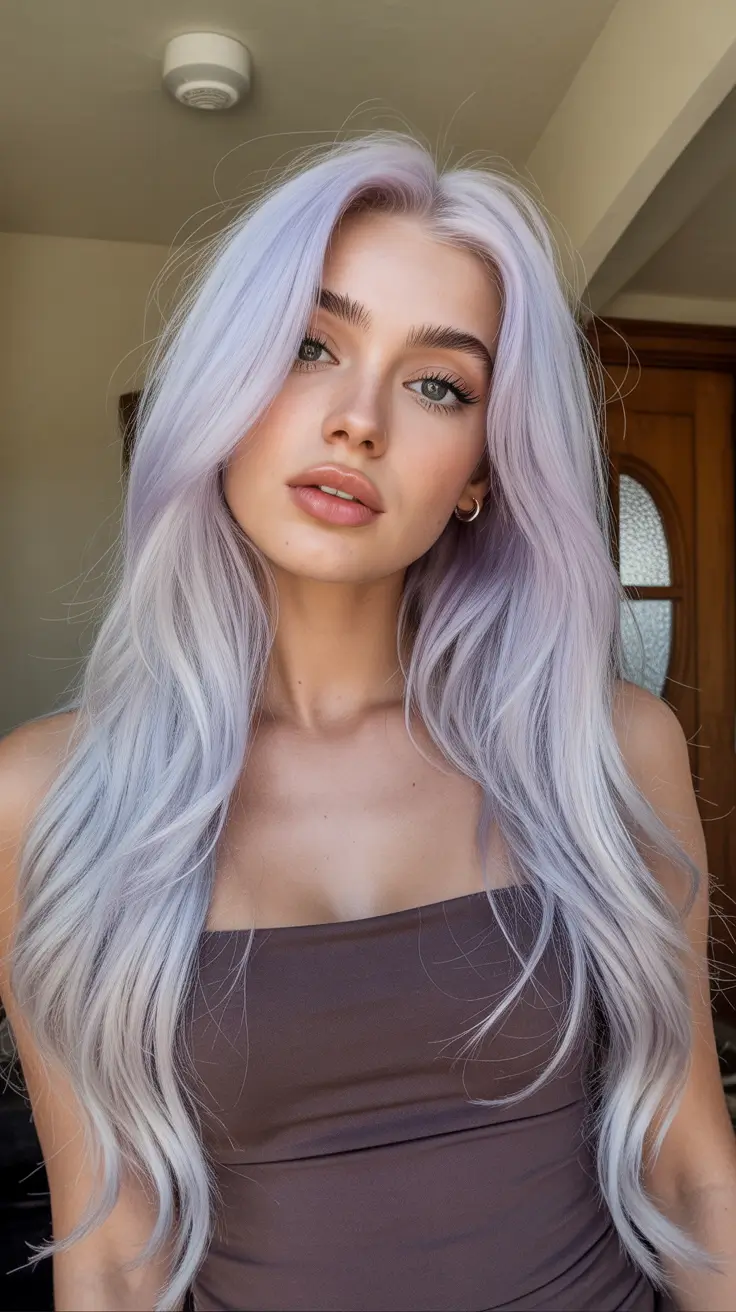 spring hair color trends 2026 Pastel Lilac Blonde With Soft Dimension