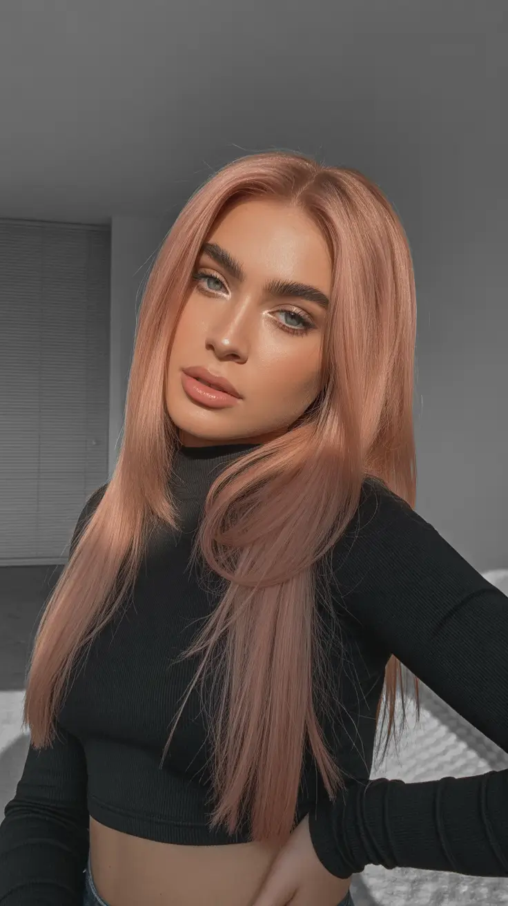 spring hair color trends 2026 Rose-Gold Sleek Lengths With Subtle Warmth