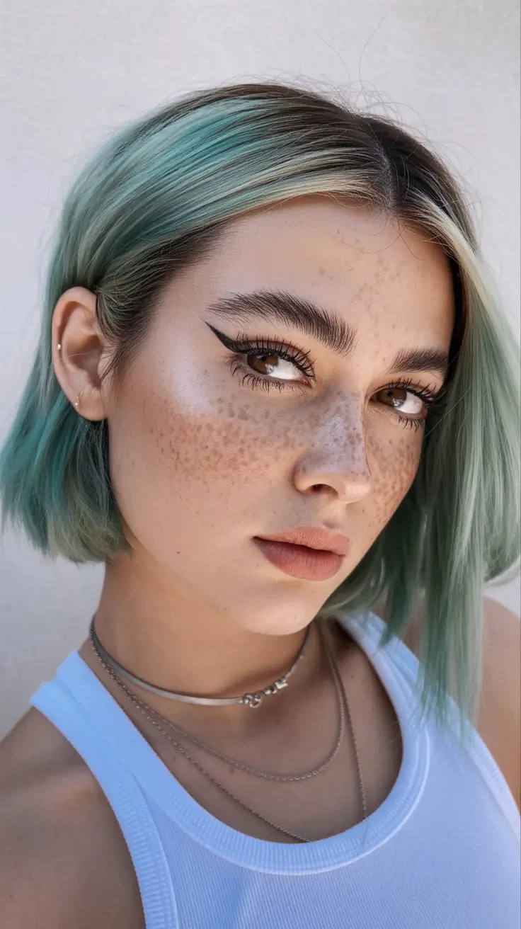 spring hair color trends 2026 Mint-Dipped Bob With Cool Edge