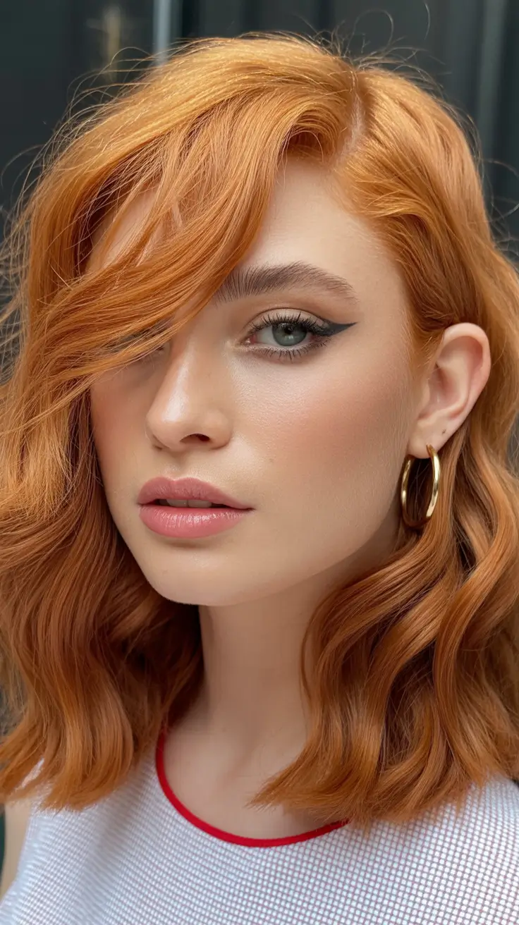 trendy spring mid length haircut 2026 Warm Copper Waves with a Soft Sweeping Fringe