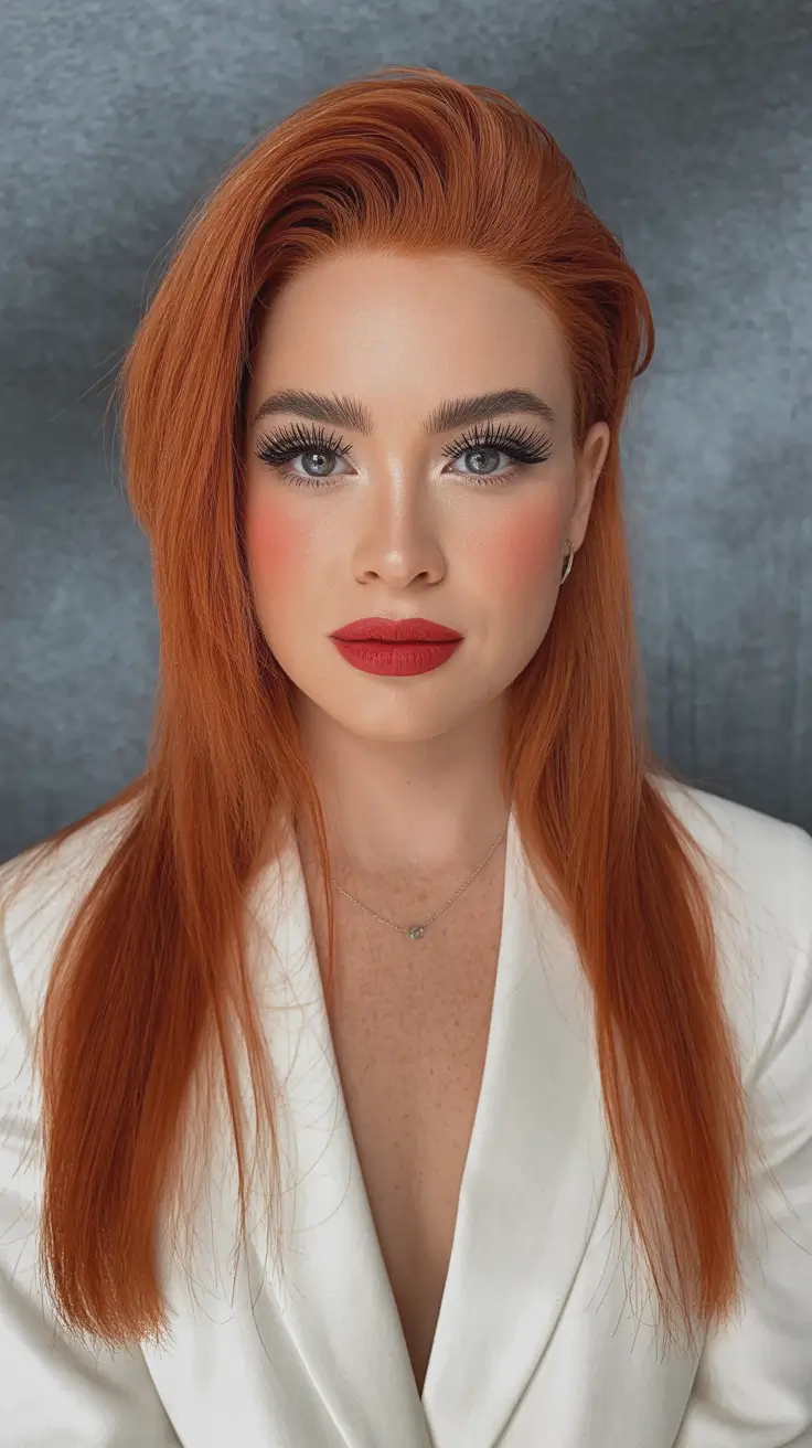 trendy spring mid length haircut 2026 Long Sculpted Copper Sleek Style with a Bold Part