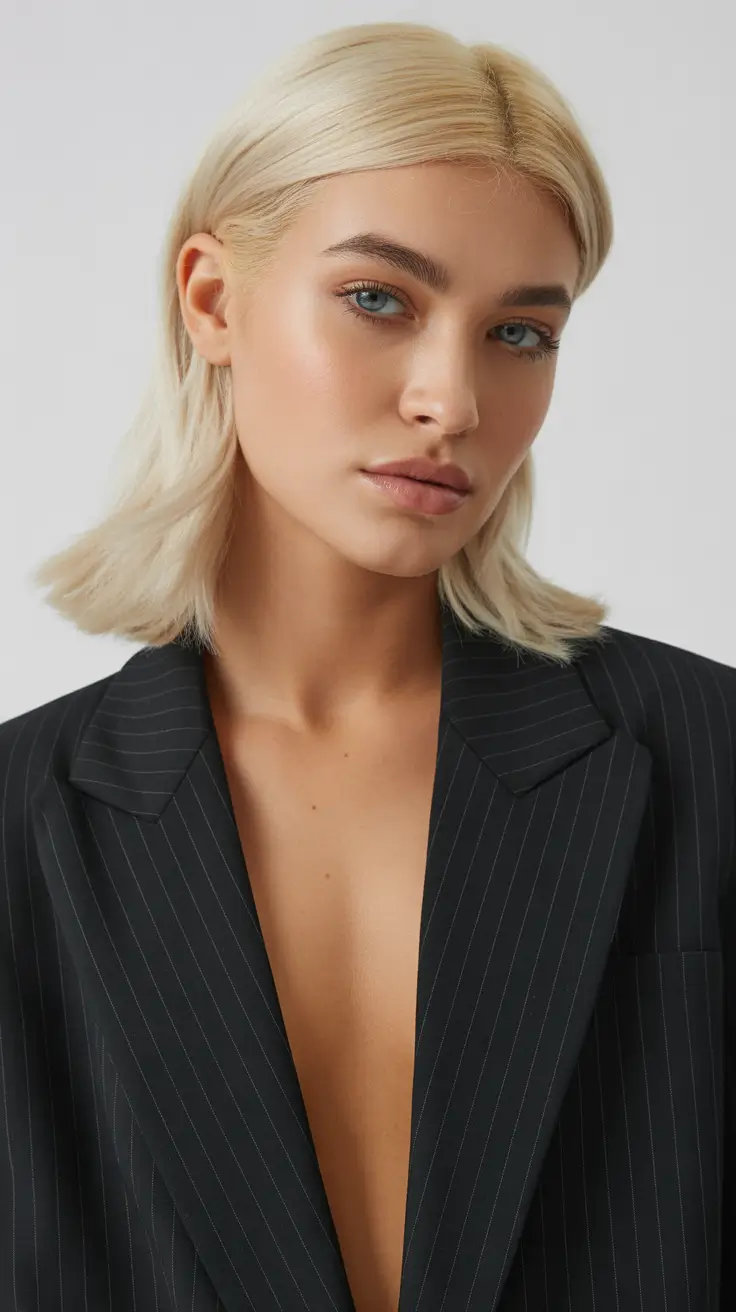 trendy spring mid length haircut 2026 Polished Platinum Mid-Length with Soft Flicked Ends