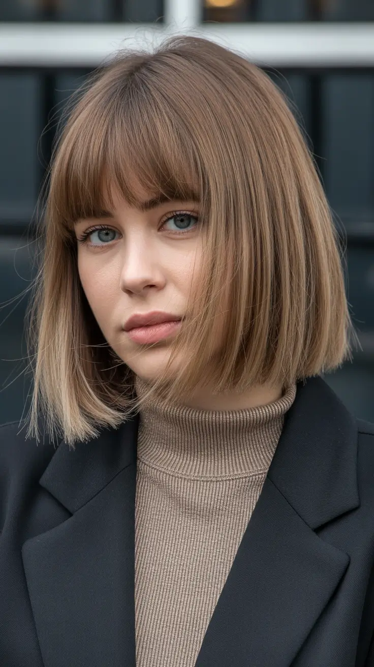 trendy spring mid length haircut 2026 Classic Blunt Bob with Soft Full Bangs