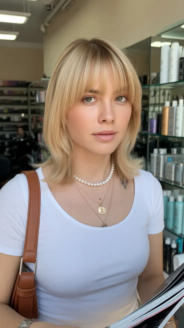 trendy spring mid length haircut 2026 Layered Mid-Length Cut with Curtain Bangs and Soft Playful Ends