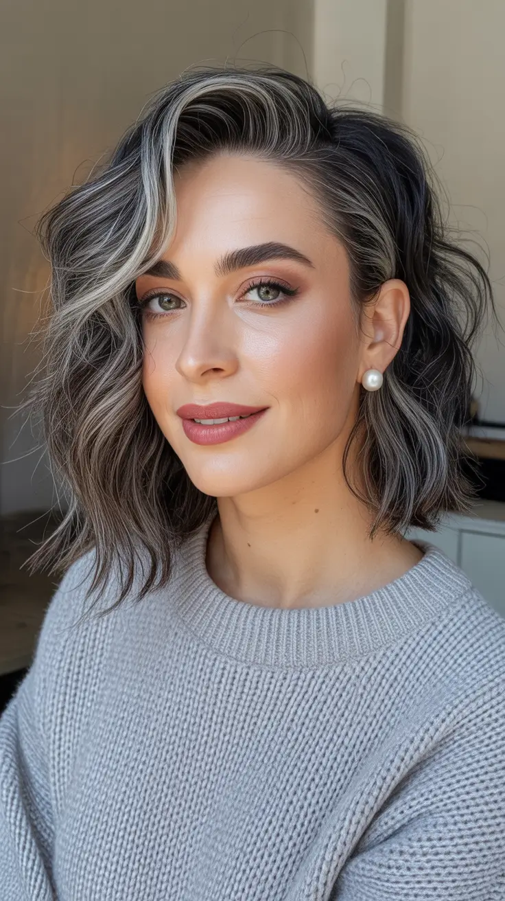trendy spring mid length haircut 2026 Dimensional Wavy Mid-Length with Bold Silver Contour