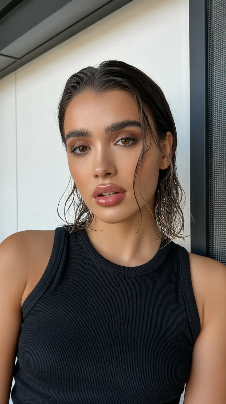 trendy spring mid length haircut 2026 Wet Glossy Mid-Length for a Modern Edge