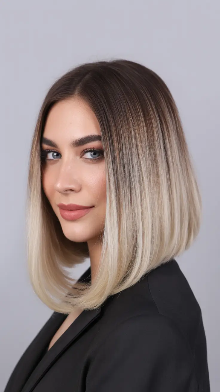 trendy spring mid length haircut 2026 Sharp Blended Blonde Mid-Length with Sleek Lines