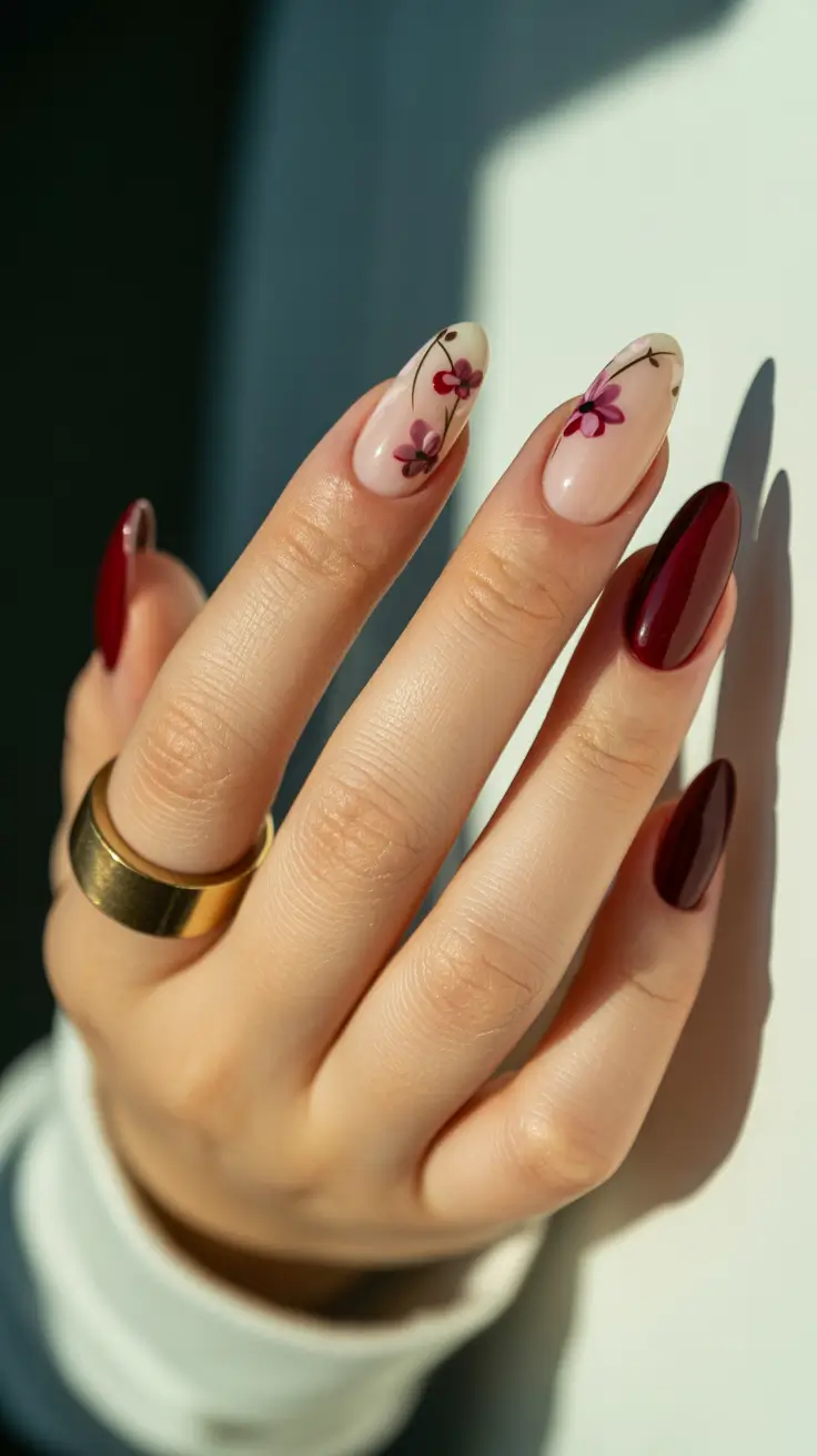 april nails ideas 2026 Burgundy blossom almond classy contrast
