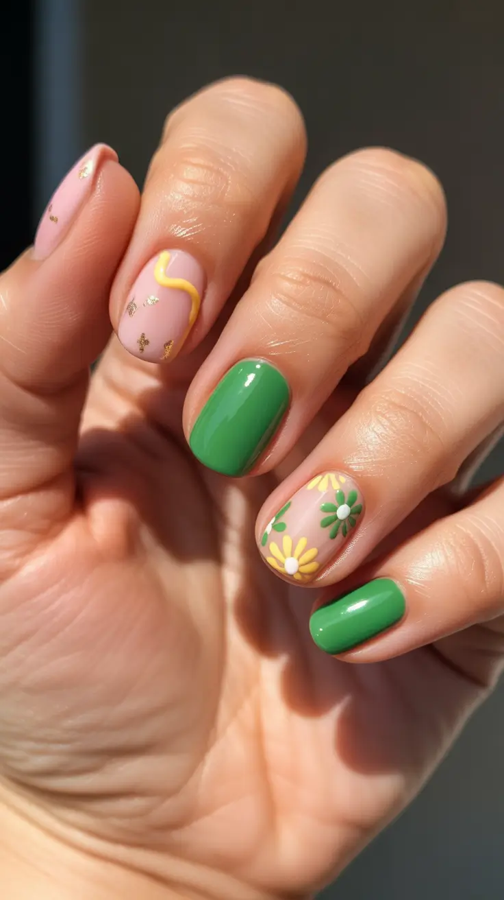 april nails ideas 2026 Short green daisy manicure with minimal spring charm