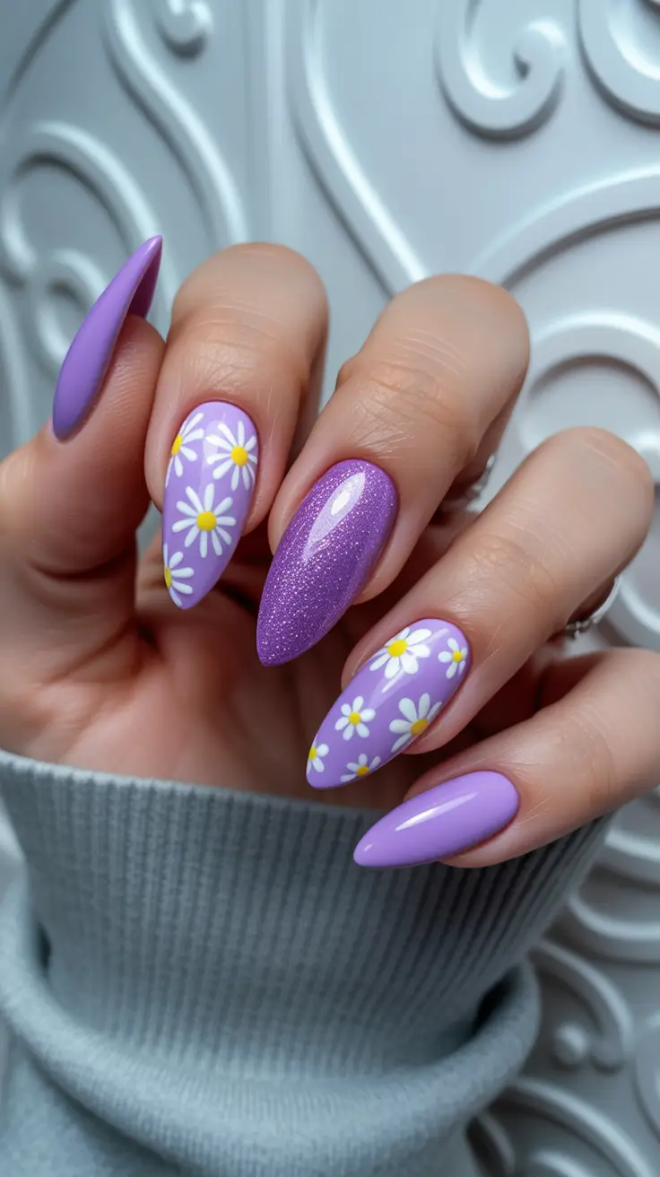 april nails ideas 2026 Lavender daisy almond nails with sparkling accent