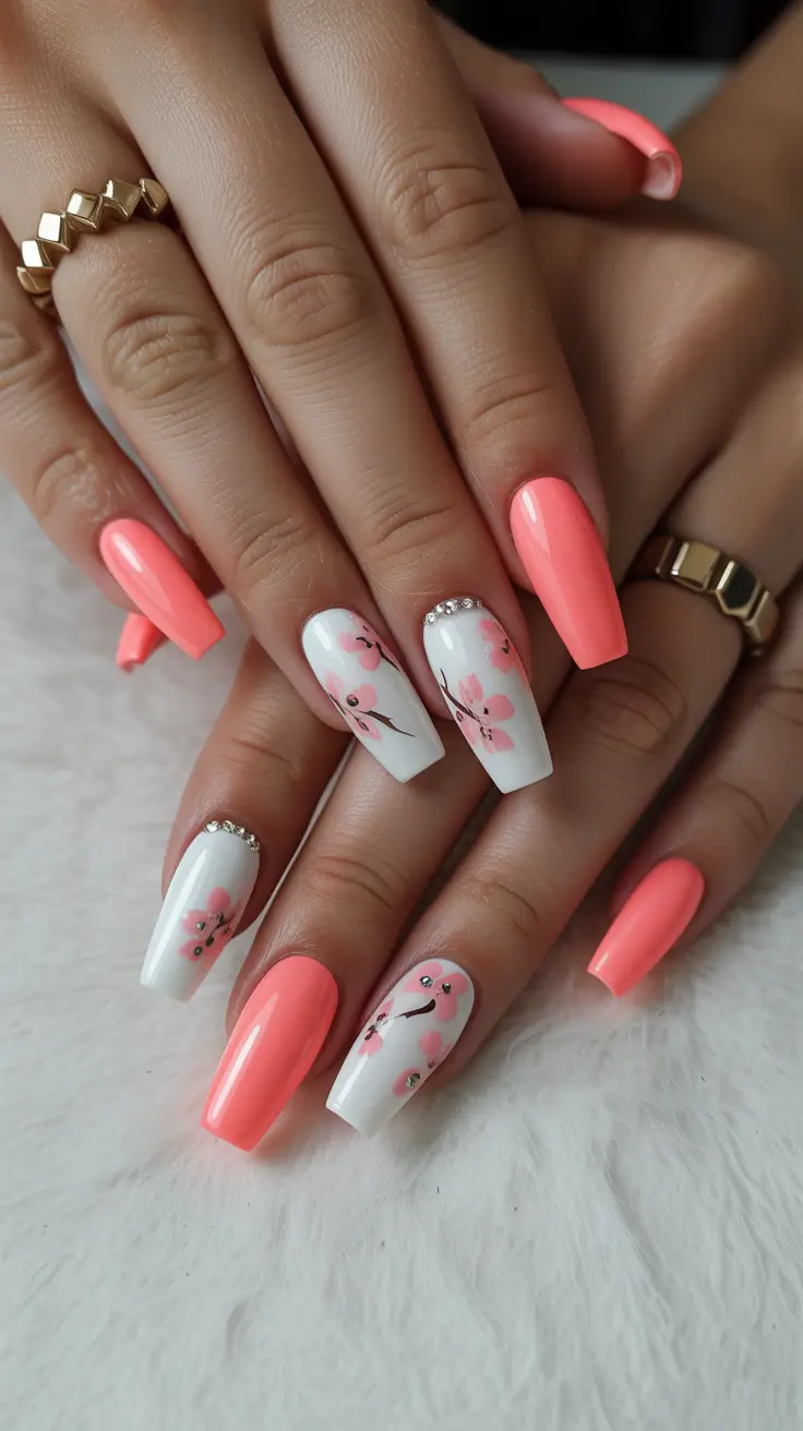 april nails ideas 2026 Coral blossom square acrylic nails with rhinestone details