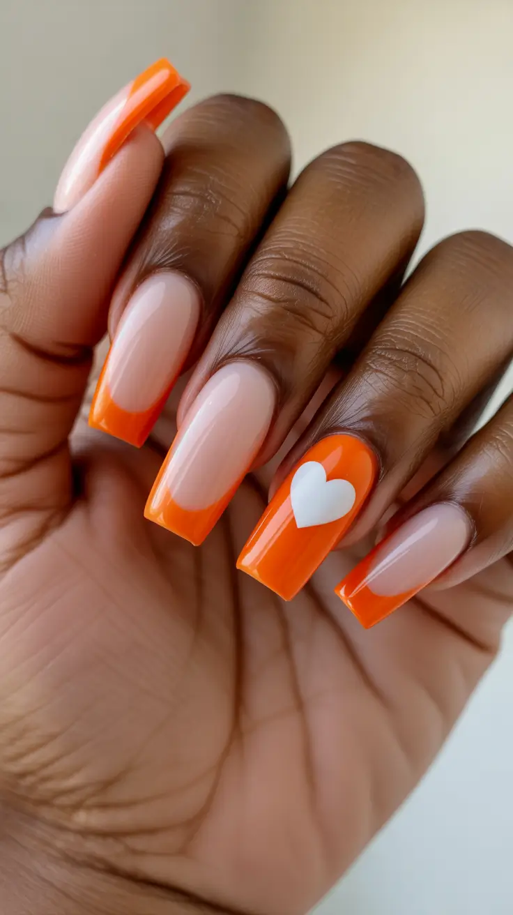 april nails ideas 2026 Orange heart square manicure with modern negative space