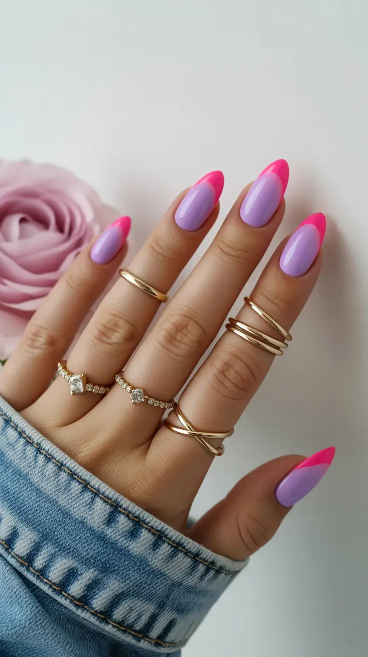 april nails ideas 2026 Lavender and pink french almond manicure with spring romance