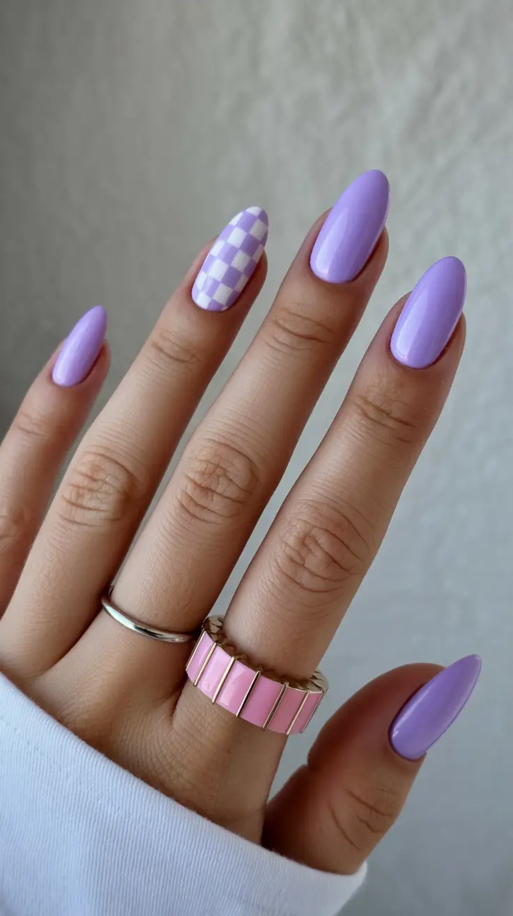 april nails ideas 2026 Soft lavender checker accent almond nails