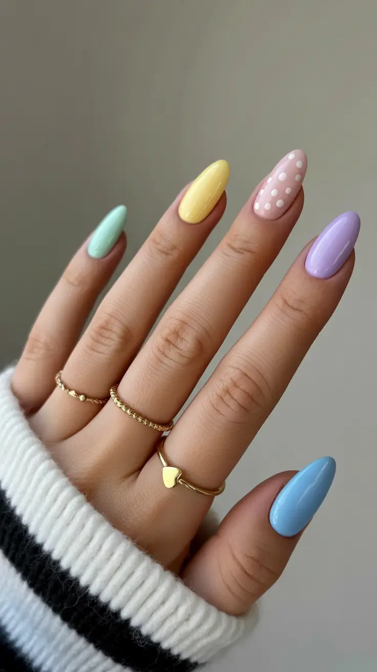 april nails ideas 2026 Pastel rainbow almond manicure with playful polka dots