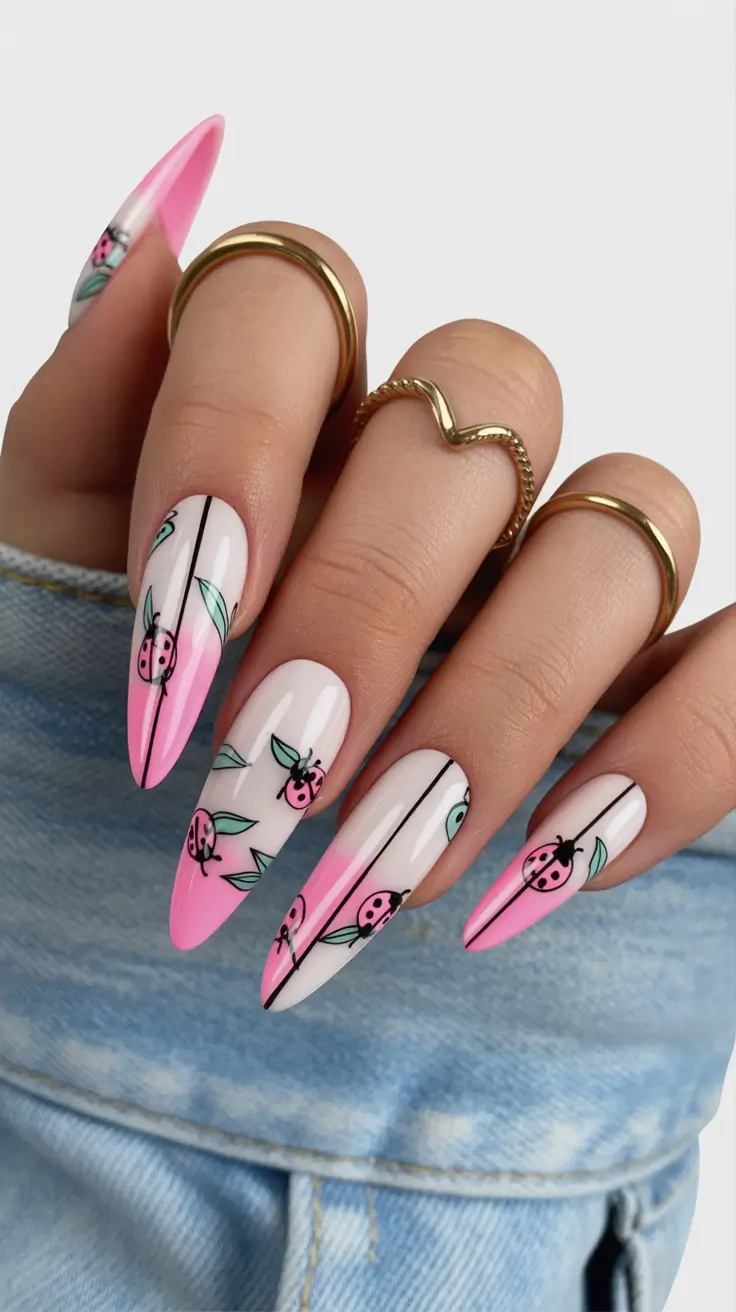 april nails ideas 2026 Ladybug garden stiletto manicure with graphic spring art