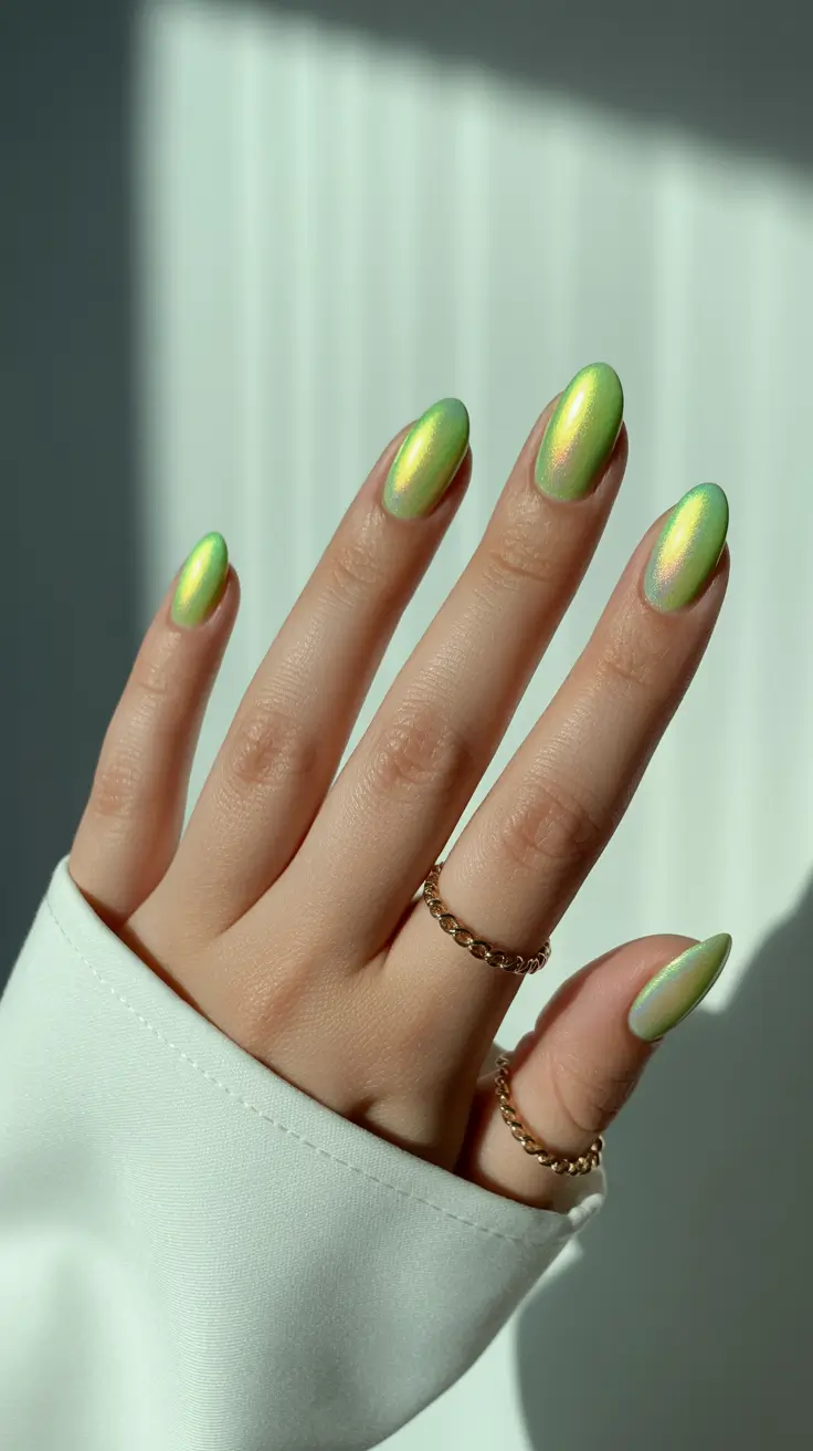 april nails ideas 2026 Electric lime cat eye glow