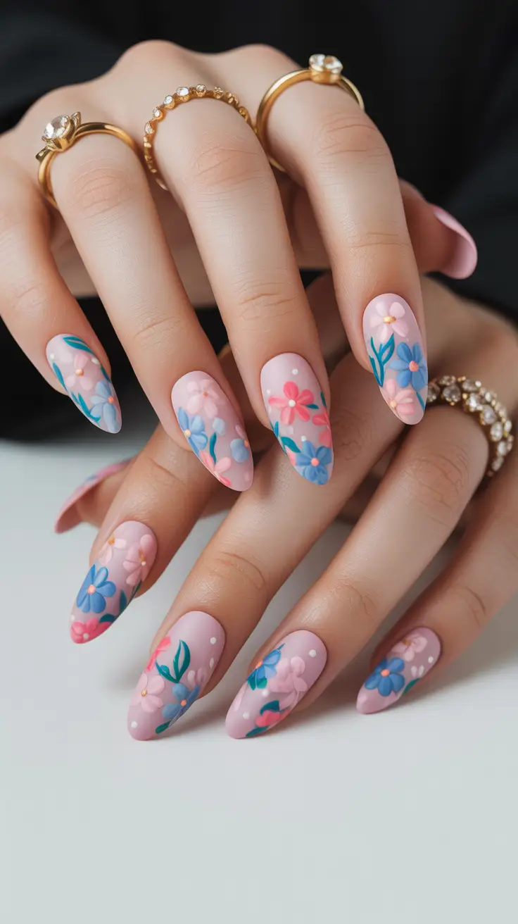 april nails ideas 2026 Romantic floral almond manicure with pastel bouquet art
