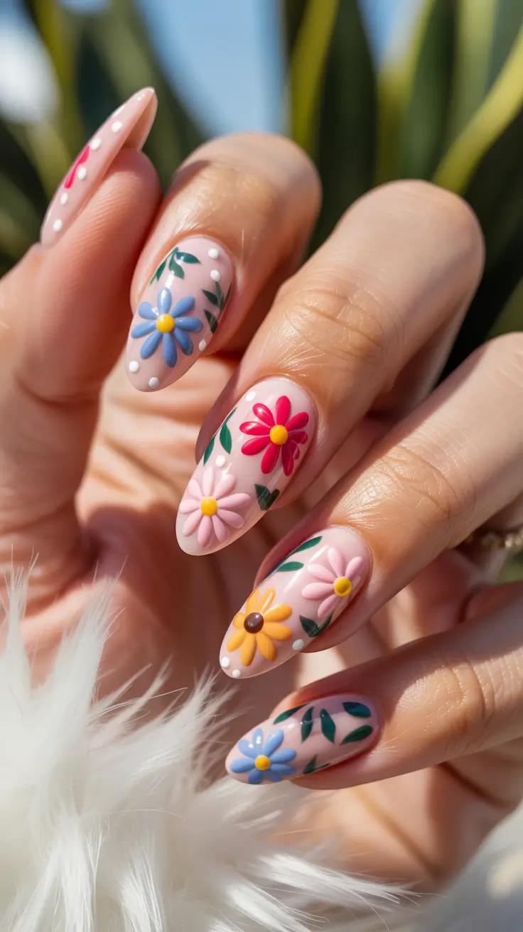 april nails ideas 2026 Colorful spring garden almond manicure with daisy art
