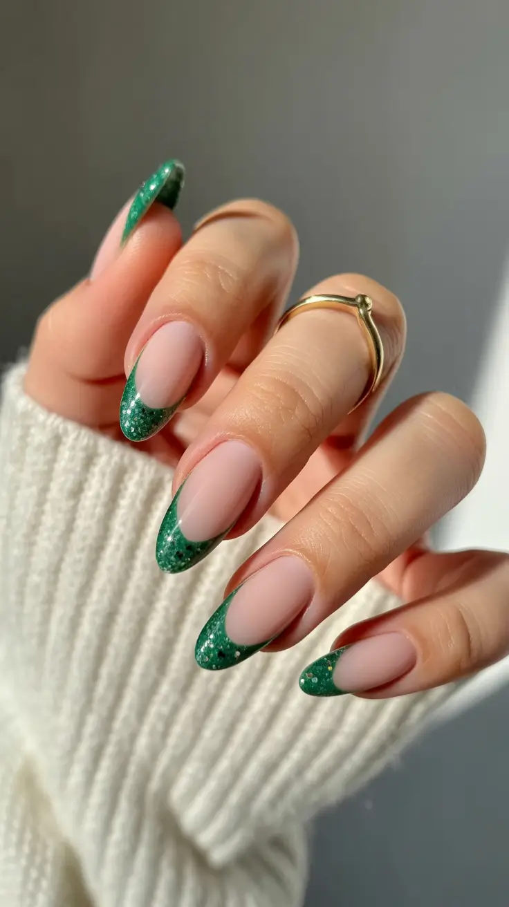 april nails ideas 2026 Emerald glitter french almond refinement