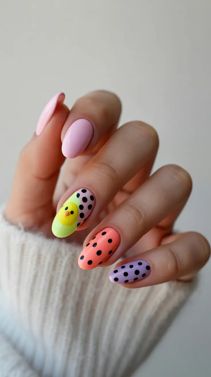 april nails ideas 2026 Pastel chick polka dot almond playfulness