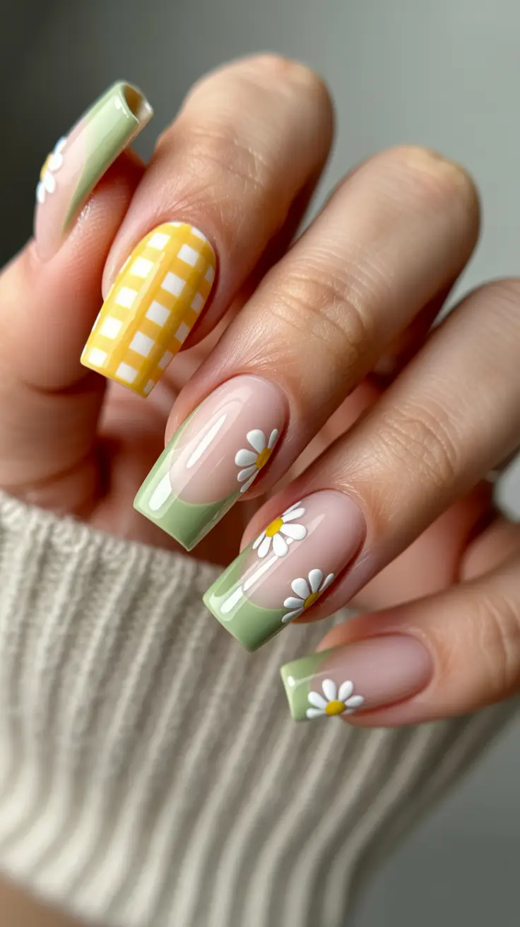april nails ideas 2026 Daisy french square spring picnic vibe
