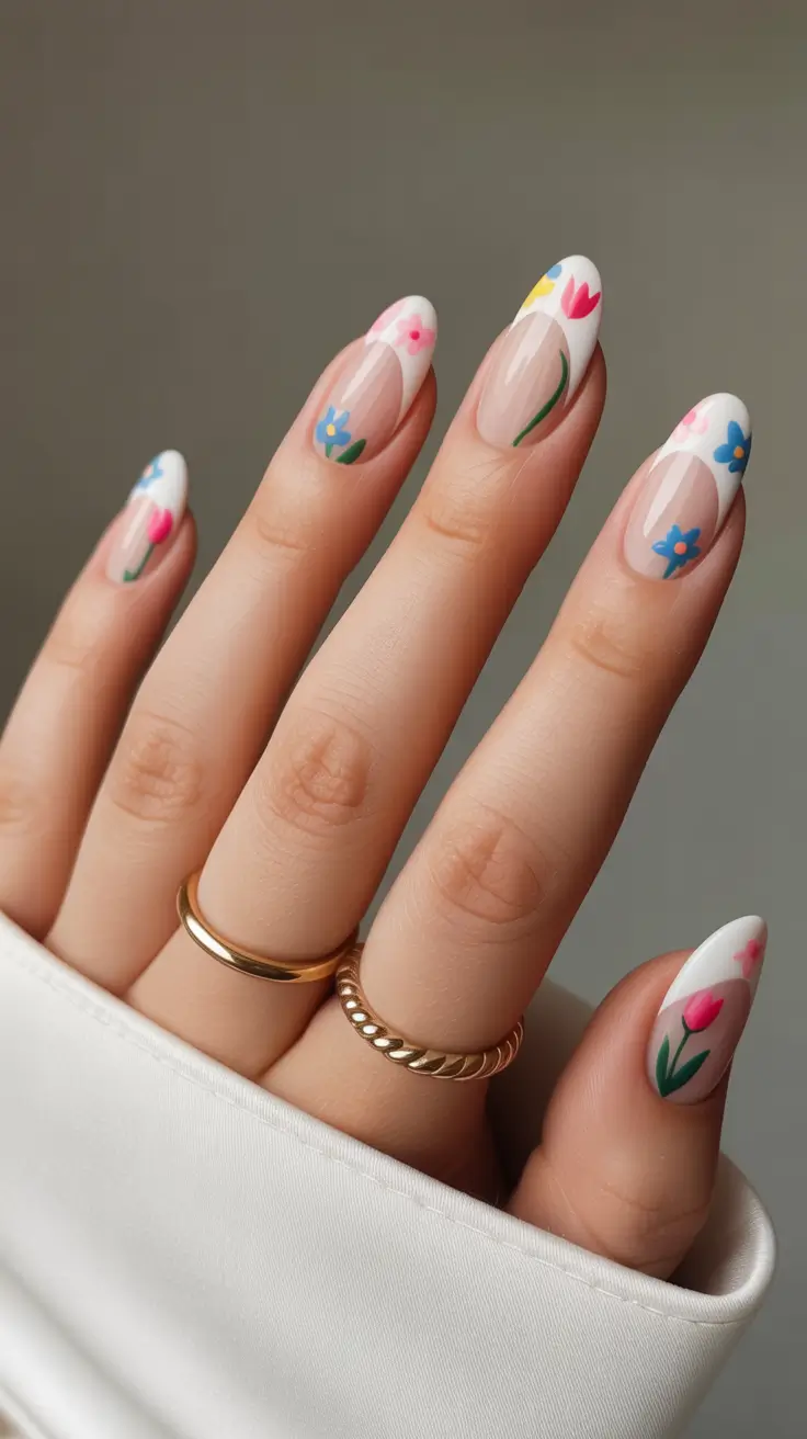 april nails ideas 2026 Minimal floral almond french freshness