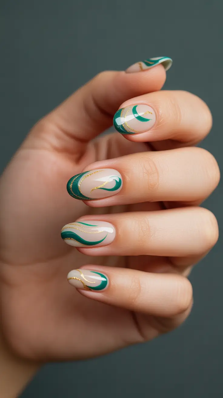 best spring short nails to try 2026 Emerald Swirl Short Nails with Gold Accents