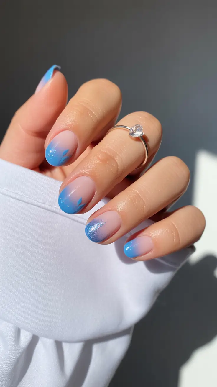 best spring short nails to try 2026 Soft Blue Ombre Short Nails with Shimmer Detail