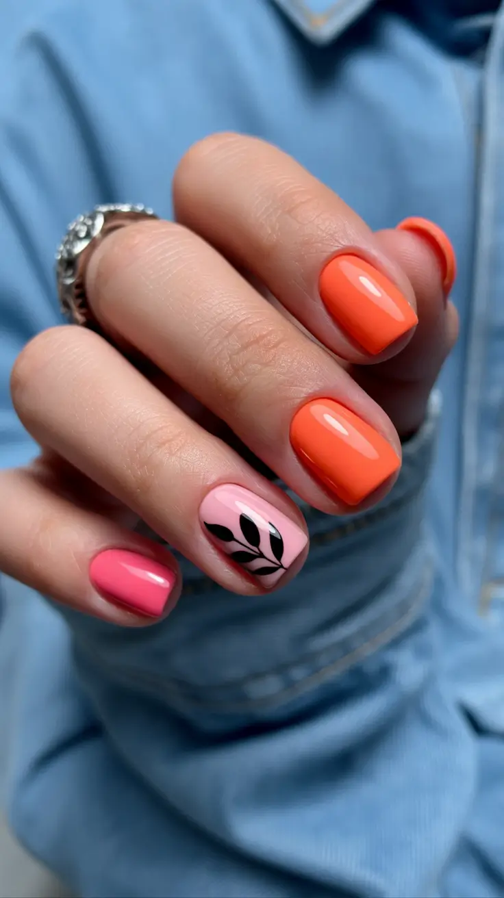 best spring short nails to try 2026 Vibrant Orange and Pink Short Nails with Graphic Leaf Accent