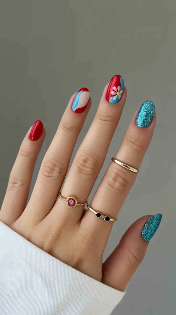 best spring short nails to try 2026 Retro Red and Aqua Short Nails with Mixed Art