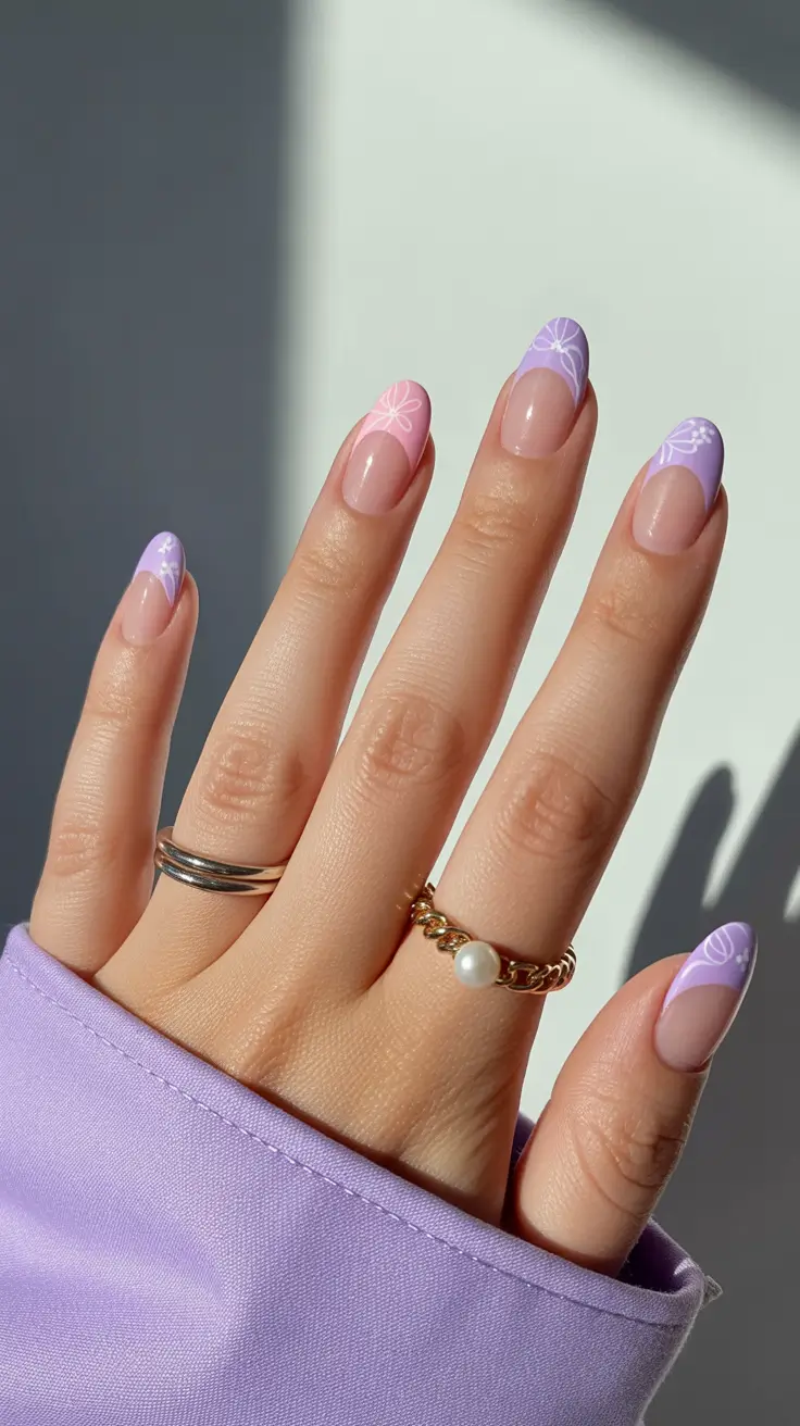 best spring short nails to try 2026 Lavender French Short Nails with Fine Floral Lines