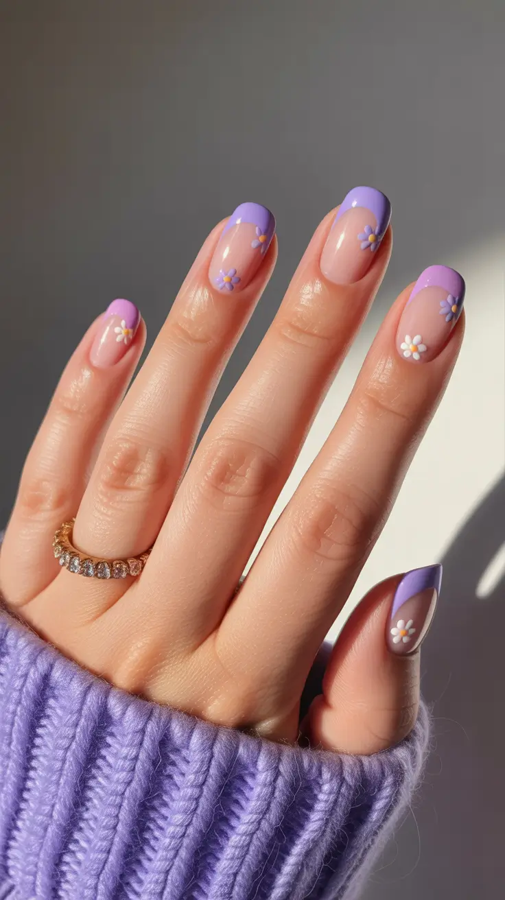 best spring short nails to try 2026 Pastel Purple Short Nails with Mini Daisy Details