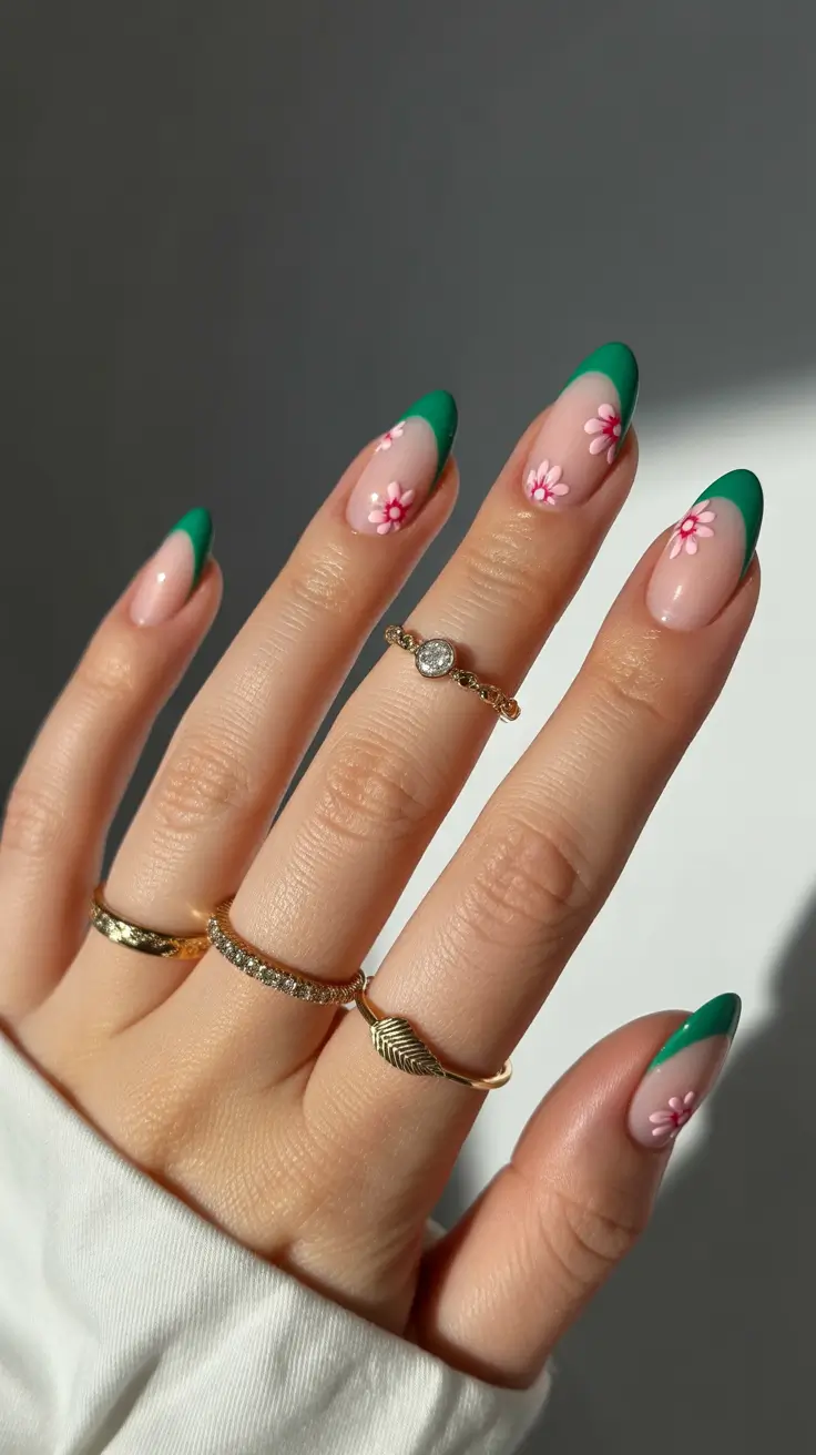 best spring short nails to try 2026 Green French Short Nails with Tiny Pink Flowers