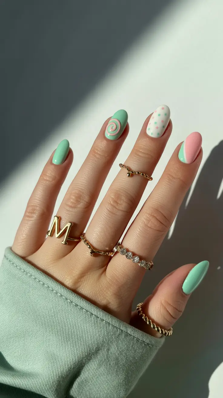 best spring short nails to try 2026 Mint and Pink Short Nails with Swirl and Dot Accents