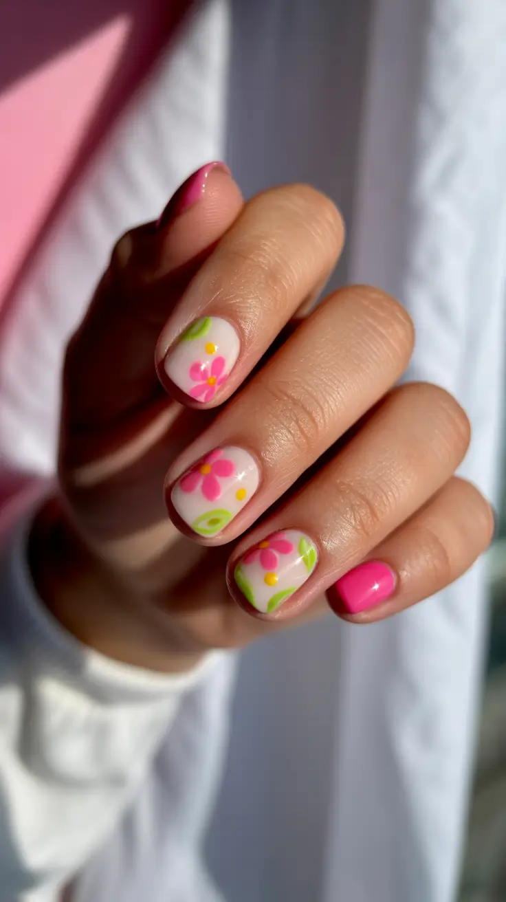 best spring short nails to try 2026 Sheer Pink Short Nails with Bright Floral Pop