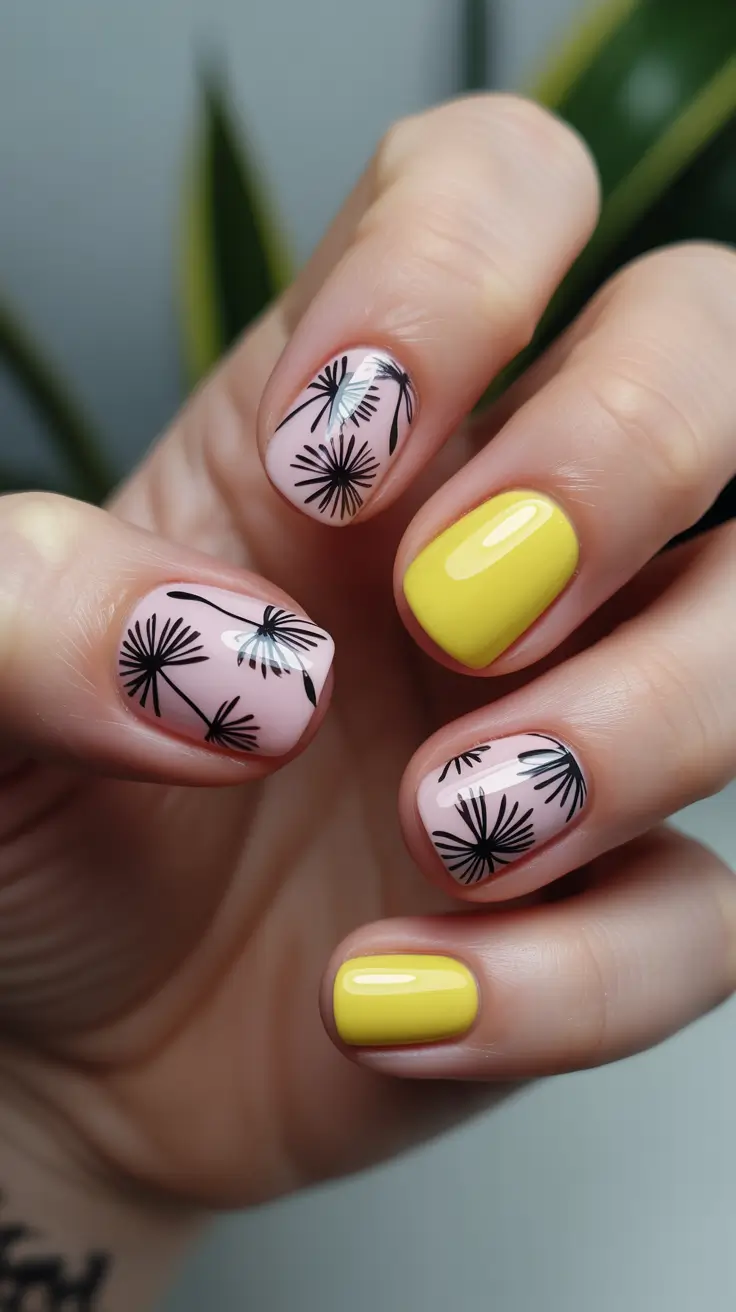 best spring short nails to try 2026 Yellow Short Nails with Black Dandelion Art