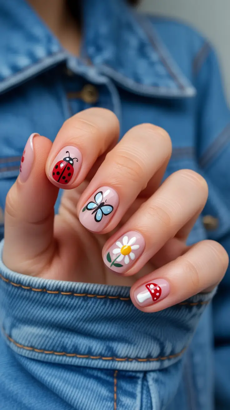 best spring short nails to try 2026 Playful Garden Short Nails with Ladybug and Daisy Art